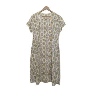 Vintage Cotton Big Button Summer Day Dress Green Pink 50s La-Mar B41 M/L